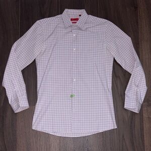 HUGO Men's Purple, Grey and White Checkered Dress Shirt